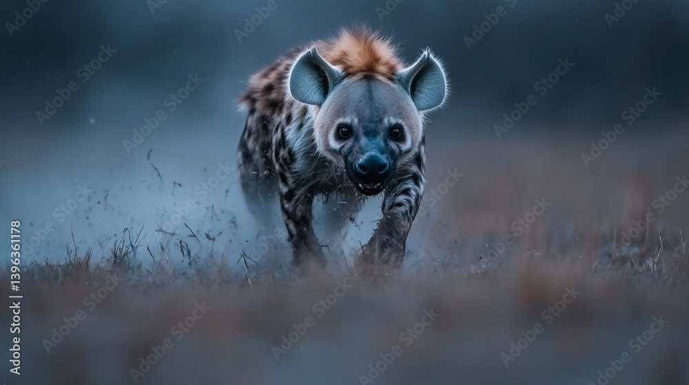 Aufkleber spotted hyena running through muddy water, low angle view. the hyena's spotted coat and intense expr