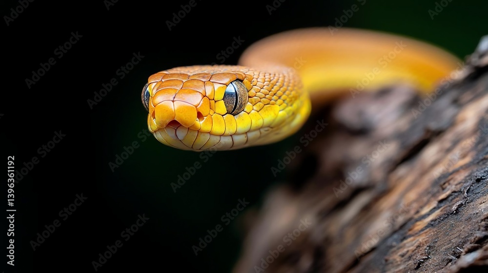 Poster close-up of a vibrant orange and yellow snake with dark eyes, coiled on a dark brown tree branch aga