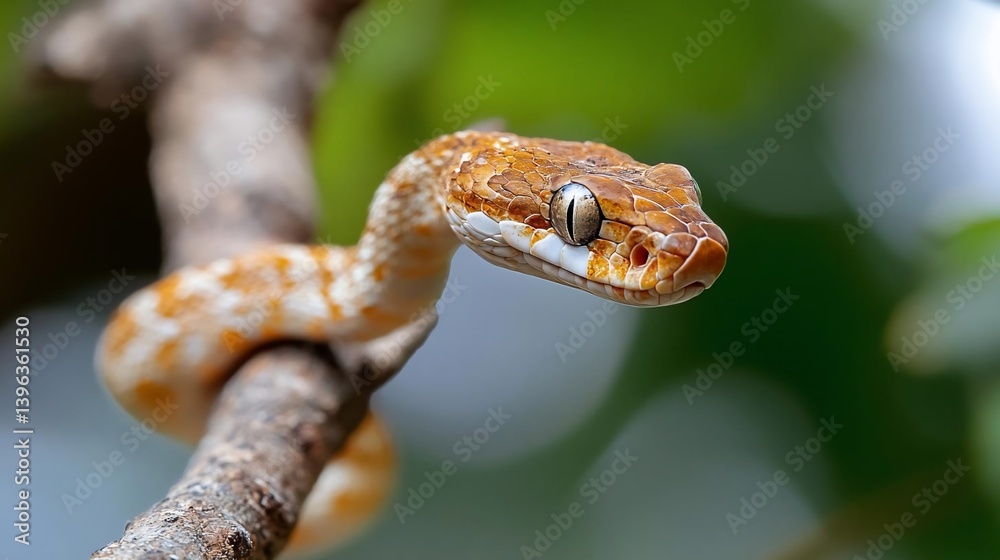 Poster close-up of a small, light brown and tan snake coiled around a tree branch against a blurred green b