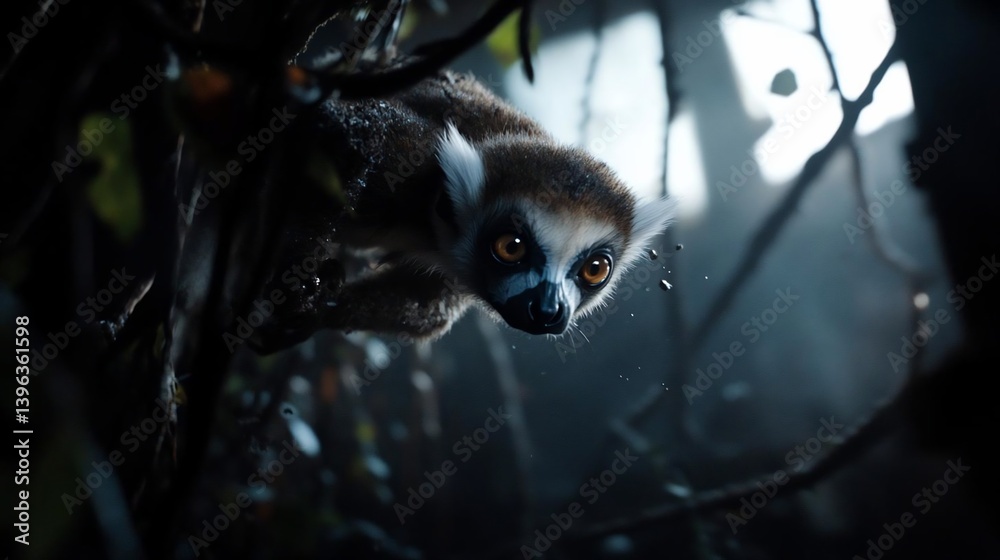 Aufkleber close-up of a ring-tailed lemur clinging to a tree branch, water droplets visible on its fur. dark, 