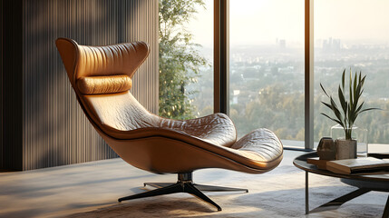 A high-end lounge chair with an ergonomic design, crafted from high-quality leather and metal, set in front of a panoramic window.