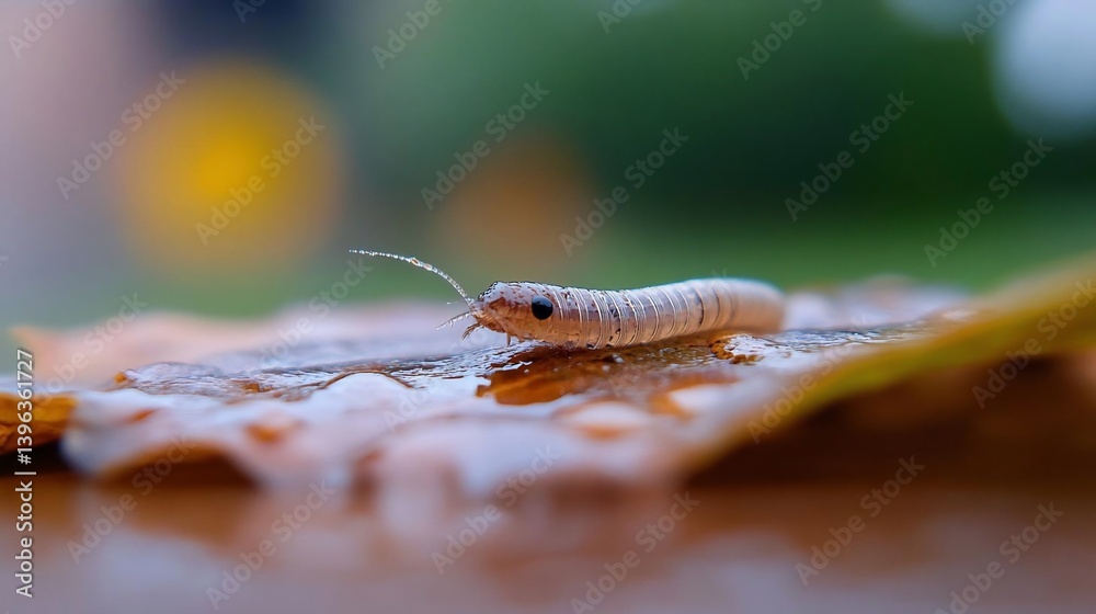 Poster close-up of a small, segmented insect on a wet leaf. the insect is light brown with delicate antenna
