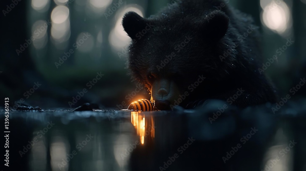 Poster brown bear foraging near a calm body of water at dusk, its reflection visible in the still surface. 