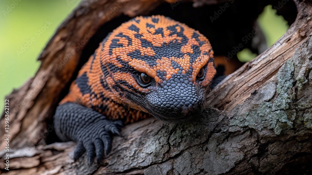 Poster close-up of an orange and black lizard peering from a weathered tree trunk. the lizard's scales and 