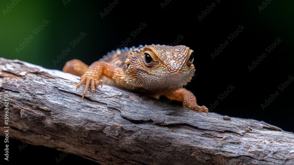 Poster close-up of a small, reddish-brown lizard perched on a gray branch against a dark background. the li