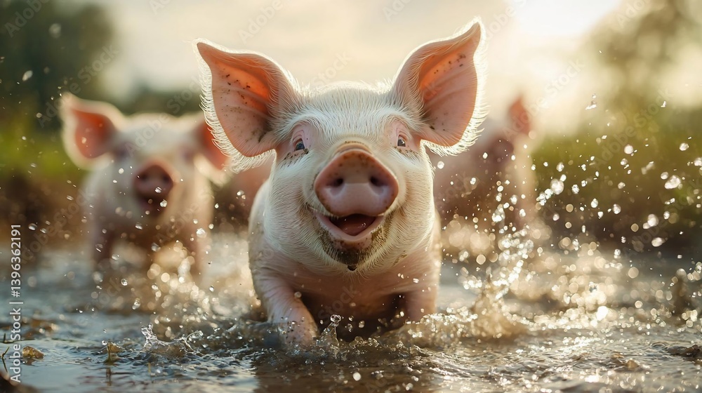 Poster three pink piglets playfully run through a shallow puddle, splashing water. sunlight illuminates the