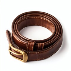 Brown leather belt with brass buckle on white background