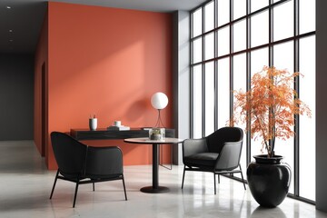 A sophisticated office space with a burnt orange wall and light bamboo flooring, set against jet black minimalist furniture