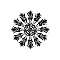 Mandala-style floral design featuring intricate symmetrical patterns in black and white, suitable for art, decor, and creative projects enhancing elegance and sophistication.