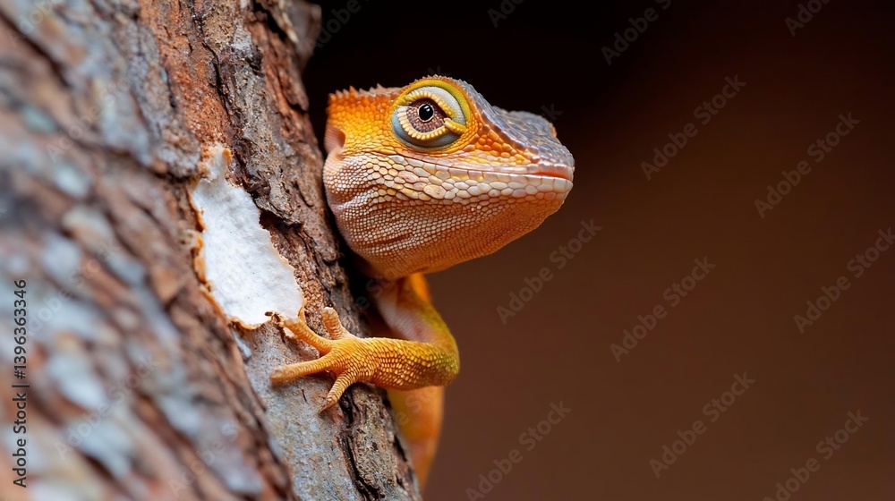 Aufkleber close-up of a vibrant orange and yellow lizard clinging to a tree trunk against a blurred brown back