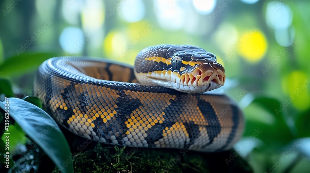 Aufkleber close-up of a coiled snake with yellow and black patterns resting on mossy surface, surrounded by lu
