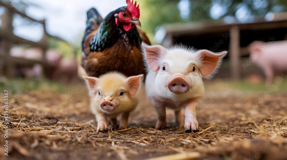 Poster two piglets and a hen together in a barnyard setting. the piglets are walking towards the camera, wh