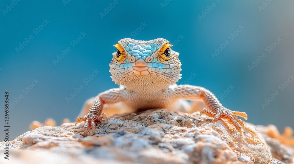 Poster close-up of a small lizard with blue and beige markings on a light brown rock against a vibrant turq