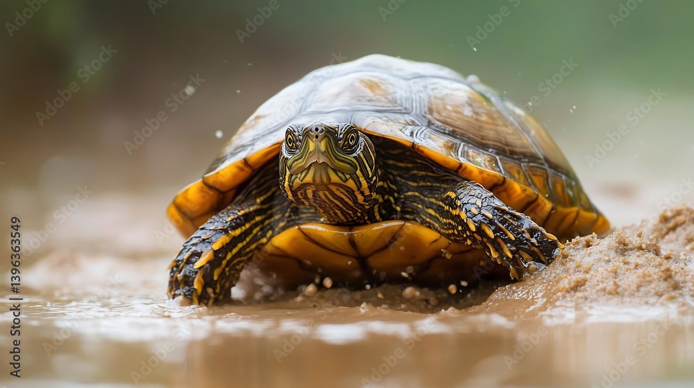 Poster close-up of a turtle emerging from shallow water, its shell a mix of yellow and black, on a sandy sh