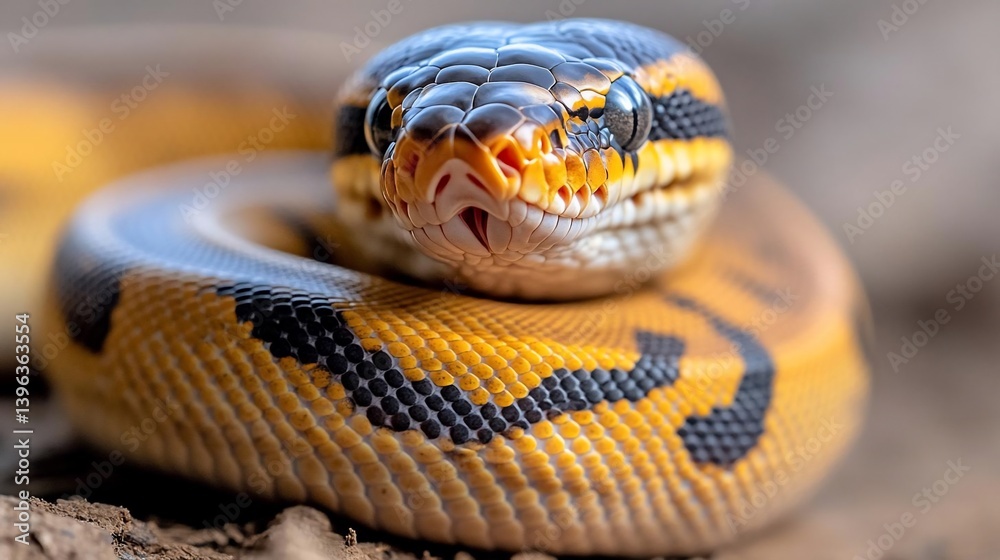 Poster close-up of a coiled snake with yellow and black patterned scales, resting on brown earth. the snake