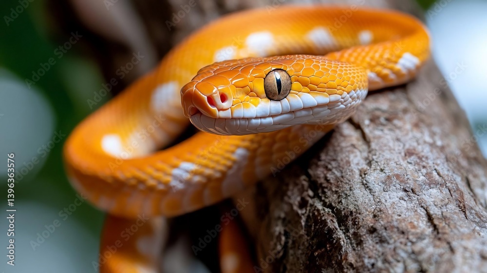 Poster close-up of an orange and white snake coiled around a tree branch, set against a blurred green backg