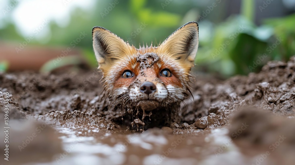 Poster Close-up view of a red fox partially submerged in dark brown mud, its head and shoulders visible, with a curious expression.  The background is blurred, showing hints of green vegetation