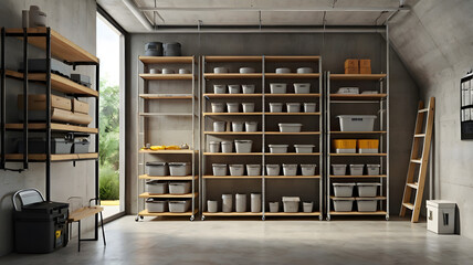 Modern minimalist storage solutions contemporary workshop interior design organized environment wide angle functional concepts
