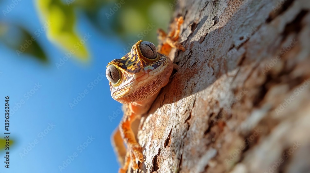 Poster close-up of a small, orange reptile on a tree trunk against a bright blue sky. the reptile's texture