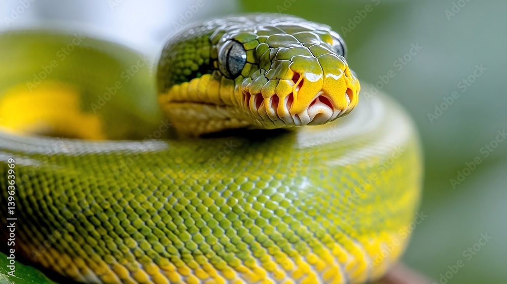 Poster close-up of a vibrant green snake with yellow underbelly, coiled on a branch against a blurred green