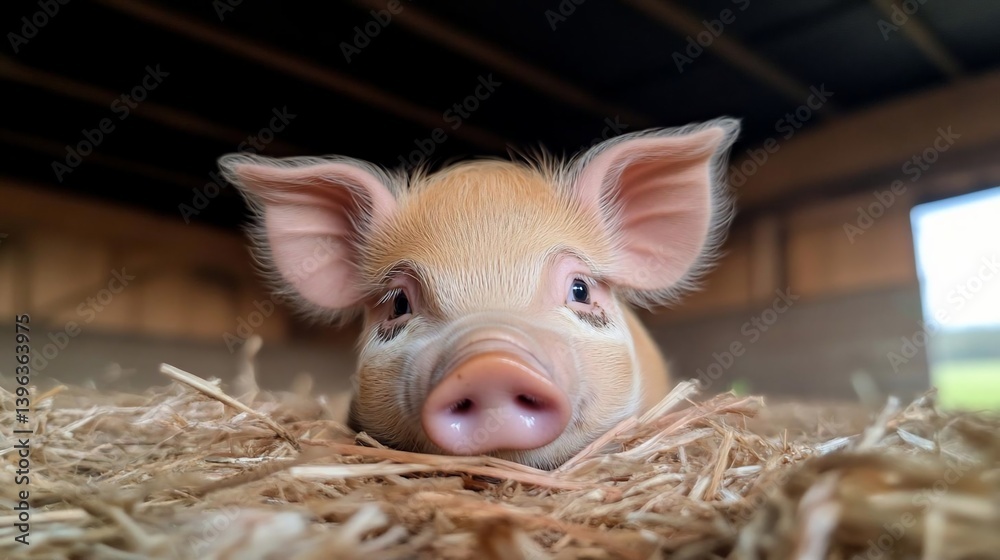Poster Close-up of a light brown piglet lying on straw in a barn. The piglet has large ears and looks directly at the camera