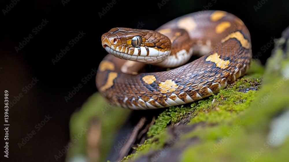 Poster close-up of a brown and yellow snake coiled on a mossy surface, set against a dark background. the s