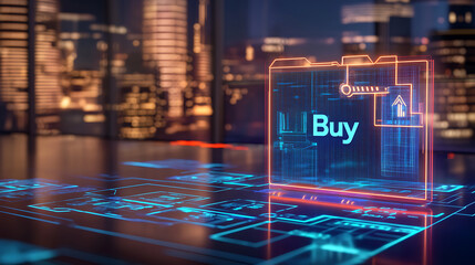 Digital buy action in a modern office augmented reality interface urban environment futuristic concept