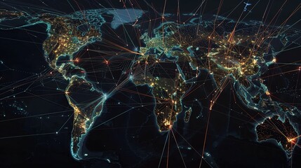 Insight into the Global Data Vein: A Complete Analysis of the World Map Data Flow Connection Nodes! The picture shows a global map, with data flow lines crisscrossing like bright veins, connecting eac