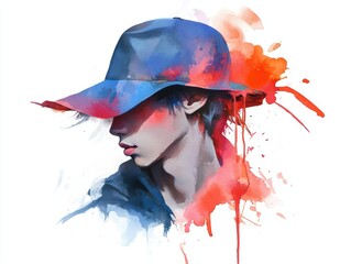 Fototapeta premium Stylish watercolor portrait, young man, cap.