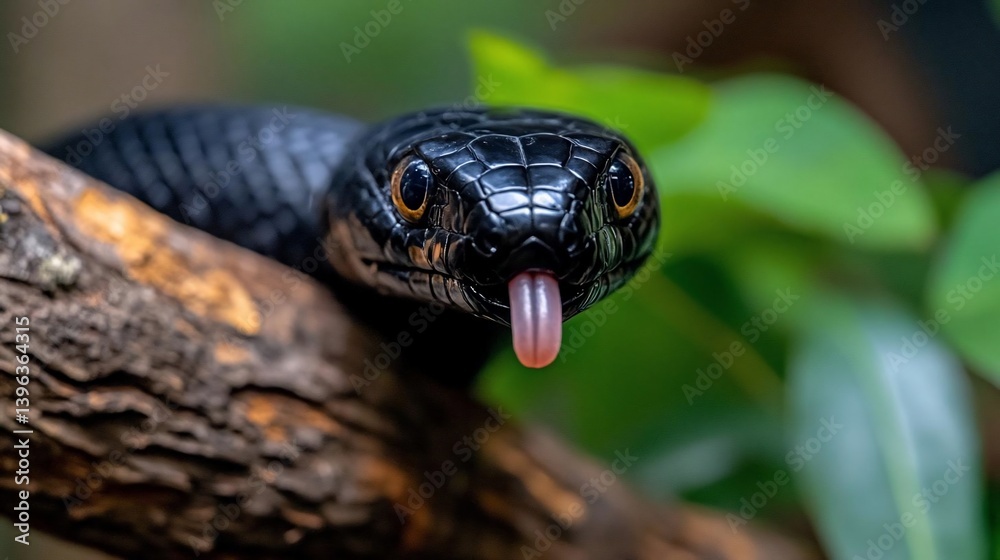 Poster close-up of a black snake with a pink tongue sticking out, resting on a tree branch with lush green 