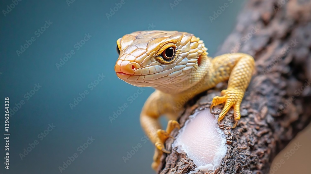 Poster close-up of a yellow and brown lizard perched on a tree branch against a blurred teal background. th