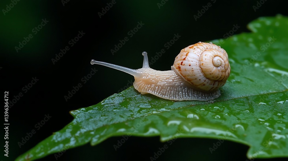 Poster Close-up of a small snail with a light-colored shell crawling on a dew-covered green leaf against a dark background