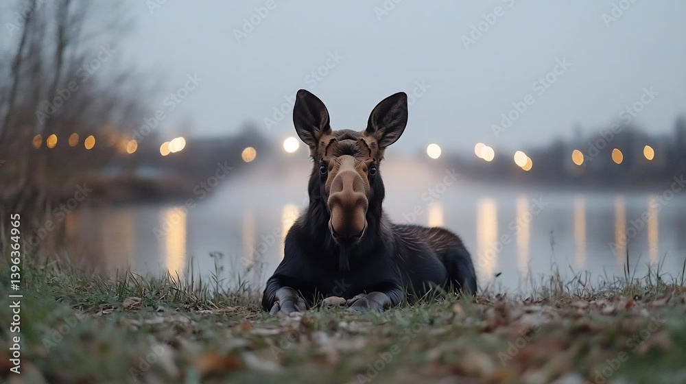 Poster moose resting by a calm river at dusk, city lights blurred in the background. the moose is looking d