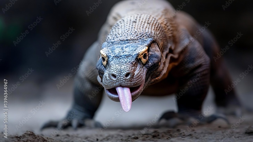 Poster close-up of a komodo dragon with its tongue out, showing intricate scales and textures. the lizard i