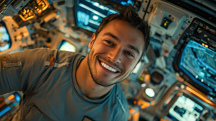 Obraz premium 宇宙船内のイメージの宇宙飛行士の男性