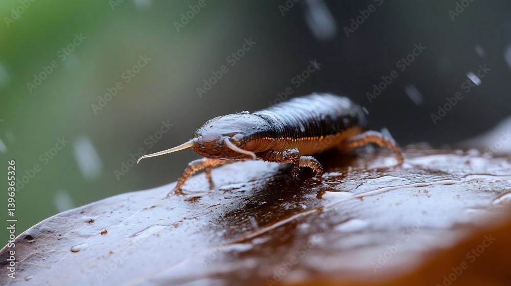 Poster close-up of a dark-brown insect on a wet leaf with water droplets, shot in shallow depth of field