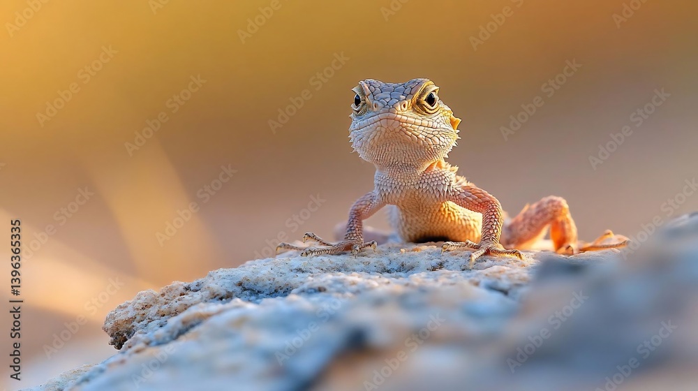 Poster close-up of a small lizard on a rock, illuminated by warm, golden sunlight. the lizard is light brow