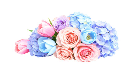 A pastel floral arrangement featuring roses tulips and hydrangeas against a black background space for text