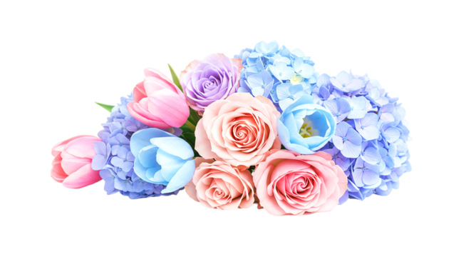 A pastel floral arrangement featuring roses tulips and hydrangeas against a black background space for text