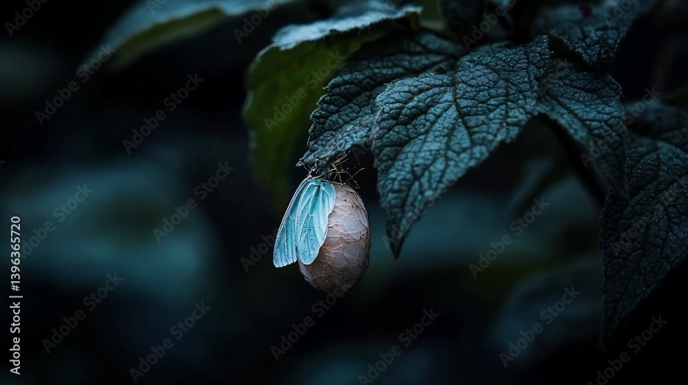 Aufkleber close-up of a pale blue butterfly emerging from its chrysalis on a dark green leaf. the image is dar