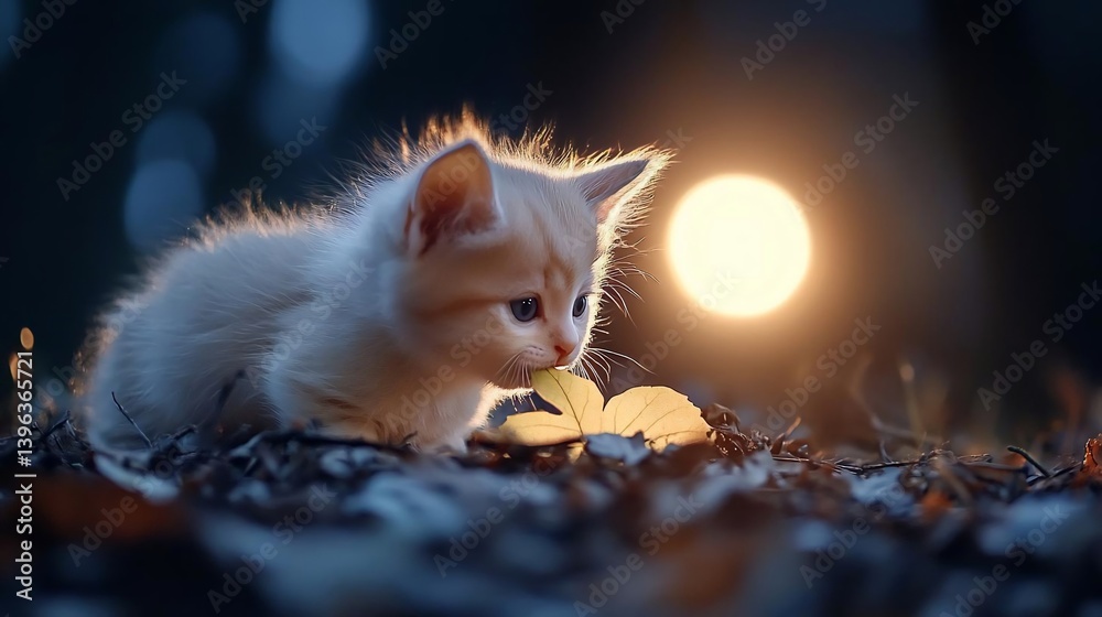 Poster creamy white kitten sits in the forest at dusk, illuminated by a warm, blurry light source in the ba