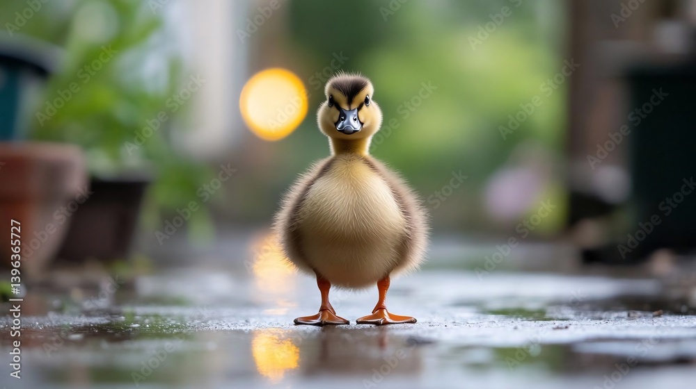 Poster A fluffy yellow duckling stands on a wet pavement, looking directly at the camera. Soft, diffused lighting and a blurred background create a gentle atmosphere