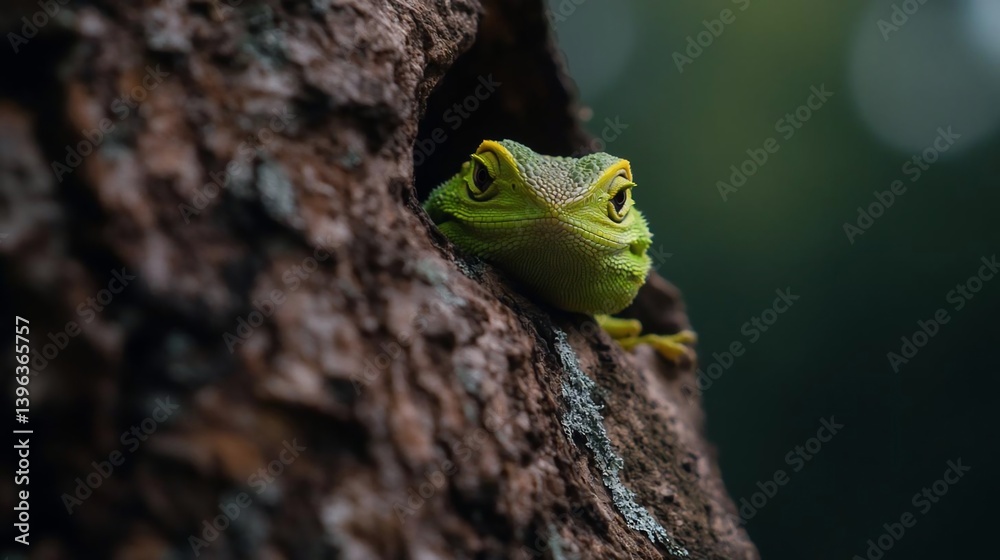 Poster close-up of a vibrant green lizard peeking from a dark brown tree trunk hole. the lizard's skin is t