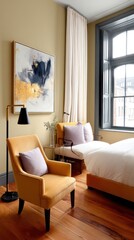 An elegant bedroom designed around a rich caramel velvet bed frame, muted olive-green walls, and warm pecan hardwood flooring