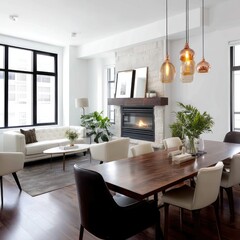 An elegant modern apartment with hickory wood floors, white walls, and rich mahogany cabinets