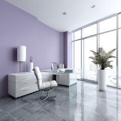 An elegant office design featuring a soft lavender wall and slate gray tiles, furnished with white lacquered pieces