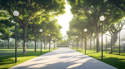 Obraz premium Pathway through park with trees and streetlights on a sunny day.