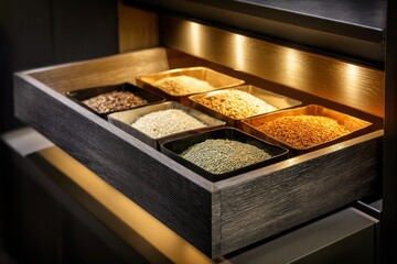 An illuminated drawer in a chic kitchen cabinet, showcasing various types of brown rice