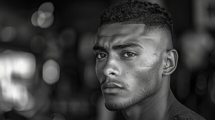 Side profile close-up of a man with sharp temple lines and mid fade