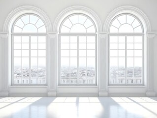 Fototapeta premium Elegant Room with Arched Windows and City View in a Modern Minimalist Style